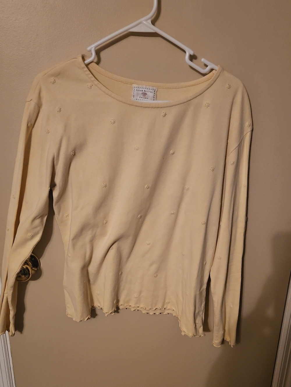 Susan Bristol Pale Yellow Long Sleeve Shirt with Embroidered Dots